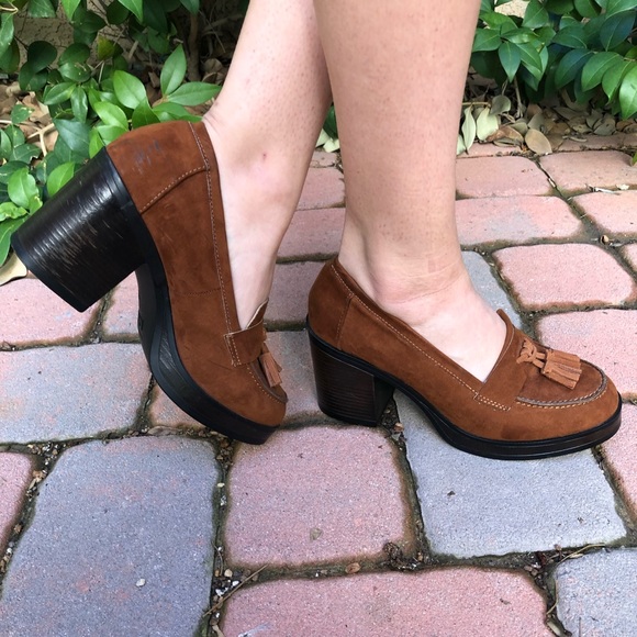 Brown Block Heeled Loafers - Picture 1 of 3